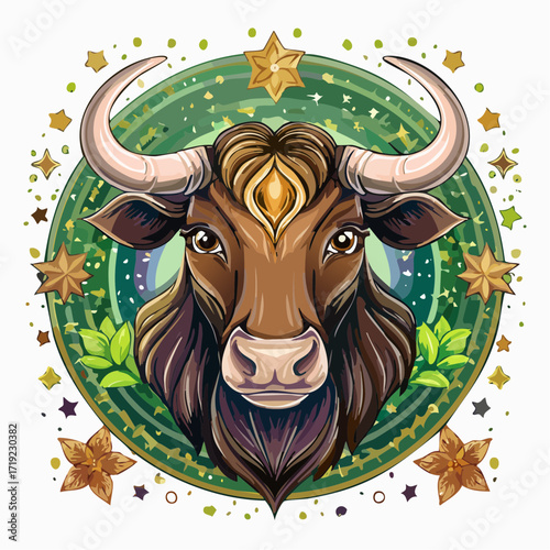 Detailed Illustration of a Bull's Head Featuring Zodiacal Characteristics and Stellar Embellishments