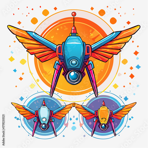 Vibrant futuristic drone concept with insectoid wings, a dynamic illustration of advanced aerial technology and innovative design