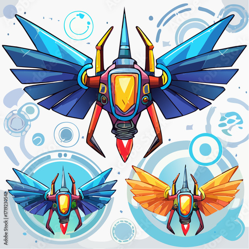 Dynamic collection of futuristic insectoid flying machines, digitally illustrated with vibrant colors and intricate details, ideal as game assets or for advanced technology concepts