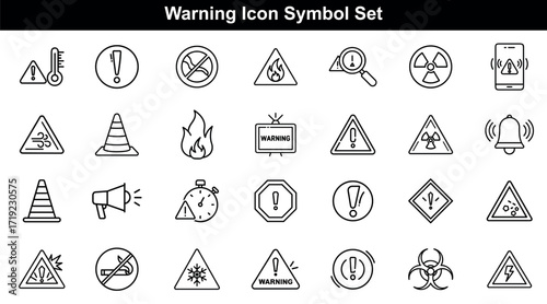 Warning Icon Symbol Vector Set with Hazard Signs, Caution Labels, Danger Triangles, Safety Alert Symbols and Industrial Risk Precaution.