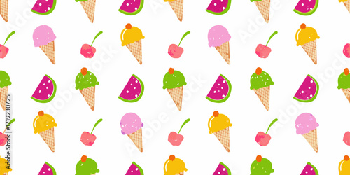 Seamless pattern of colorful ice cream cones watermelon slices and cherries on a white background