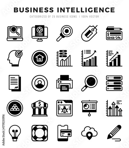 Set of Business Intelligence Icons. Simple line art style icons pack.