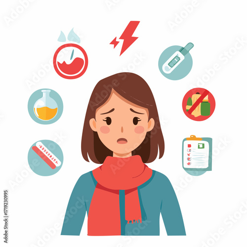 Woman with flu, cold symptoms. Headache, nausea, runny nose and sore throat, cough isolated on white background