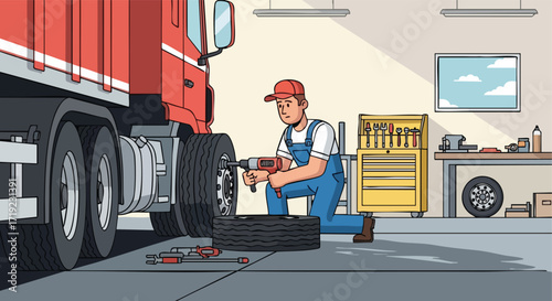 Mechanic Changing a Truck Tire in a Garage