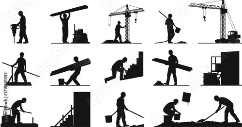 Silhouette Construction Workers Lifting Materials, Pouring Cement, Operating Cranes and Jackhammers on Building Sites and Industrial Work Zones