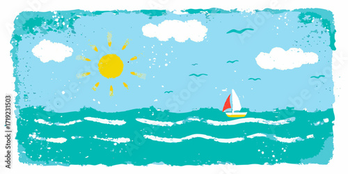 Charming hand drawn illustration of a sunny day at sea with a sailboat and fluffy clouds
