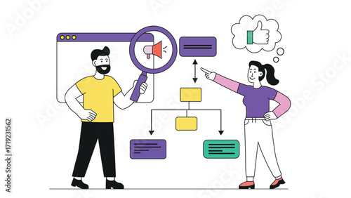 Flat vector illustration showing business promotion strategy with flowchart and teamwork.