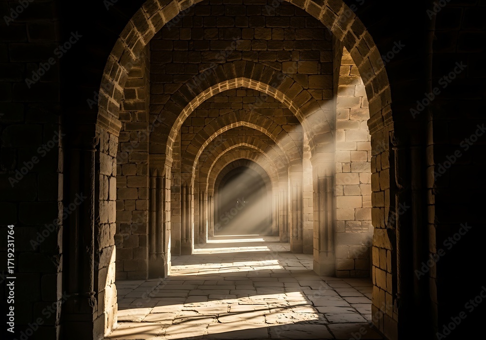 Naklejka premium Sunlit ancient stone archway, majestic architectural promenade design