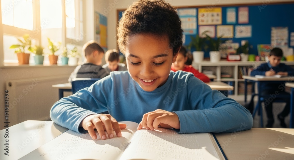 Naklejka premium Photorealistic child smiling while learning Braille with a cheerful classroom background. Educational mood