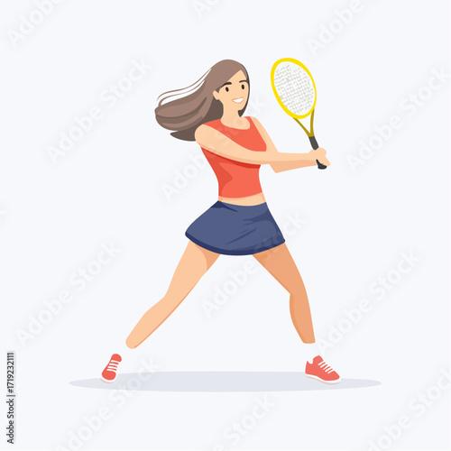 Female tennis player in a dynamic forehand swing pose during a match. Vector illustration of a sporty woman enjoying an active lifestyle and athletic competition