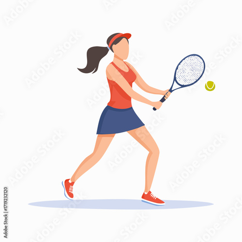 Dynamic illustration of a female tennis player in action, swinging her racket for a forehand stroke. Sporty woman in athletic attire during a competitive match. Healthy lifestyle and sports concept