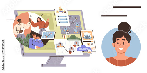 Computer screen with apps for project planning, chats, task tracking, and analytics. User profile nearby. Ideal for workflows, teamwork, remote work, task management communication productivity