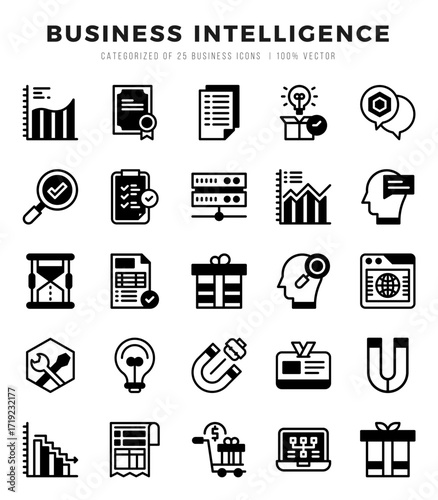 Set of Business Intelligence Icons. Simple Lineal Filled art style icons pack.