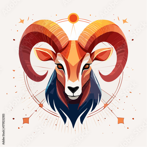 Aries Zodiac Sign Illustration with Vibrant Colors and Celestial Elements, Symbolizing Courage and Determination