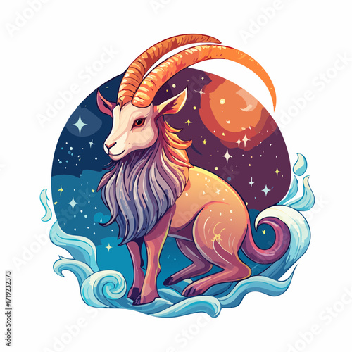 Artistic Illustration of a Capricorn Zodiac Sign Symbolized by a Mythical Goat Amidst Cosmic Elements