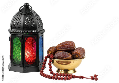 A traditional black Moroccan lantern with glowing red/green/blue glass, brass bowl with Medjool dates, wooden prayer beads on a transparent background with copy space. Concept of Islamic traditions