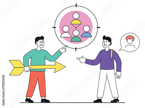 Flat vector illustration showing business characters defining target audience with arrow and user icon.