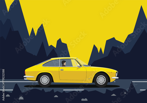 A vibrant yellow sports car speeds along a dark road against a backdrop of jagged mountains and a bright yellow sky, evoking a sense of adventure and freedom on the open road