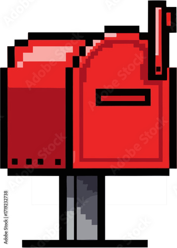 Pixelated red mailbox with a simple design, showing a classic mail receptacle.