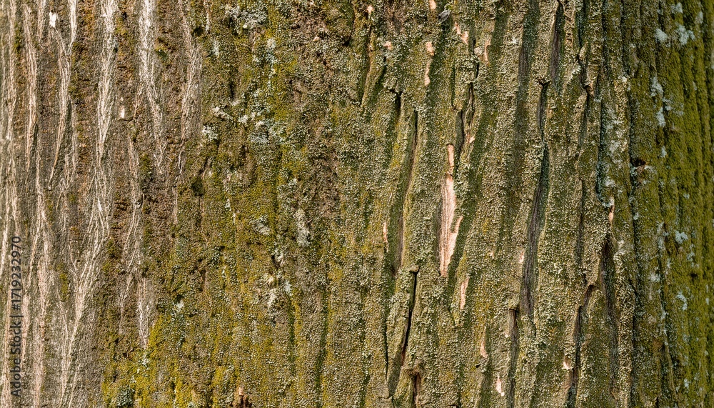 Obraz premium rough oak tree bark with moss and lichen textures in natural daylight closeup ideal for earthy wallpaper or editorial background