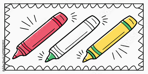 Three colorful crayons ready for drawing and coloring fun