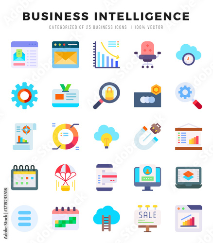 Set of Business Intelligence Icons. Simple Flat art style icons pack. Vector illustration.