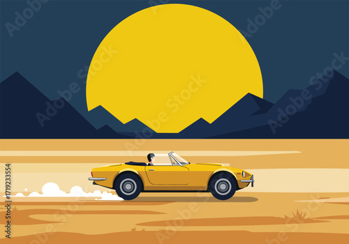 A vibrant yellow sports car speeds along a dark road against a backdrop of jagged mountains and a bright yellow sky, evoking a sense of adventure and freedom on the open road