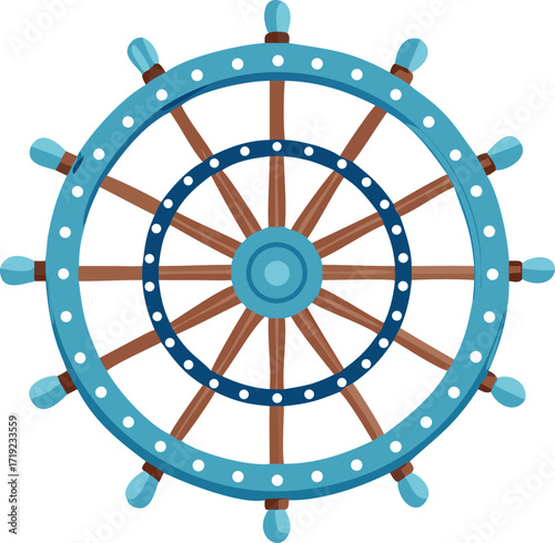 A blue and white ship wheel with an intricate design, symbolizing maritime navigation.