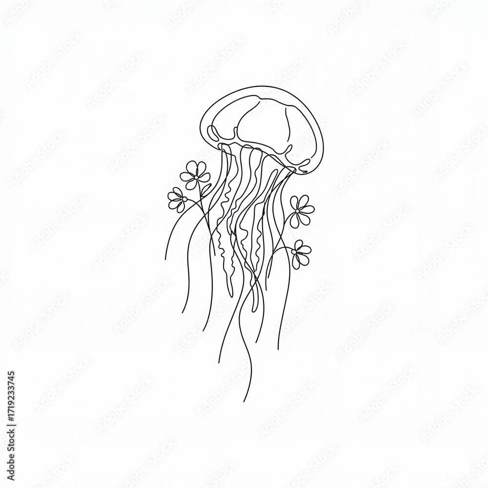 Fototapeta premium Jellyfish illustration surrounded by flowers in minimalist design 
