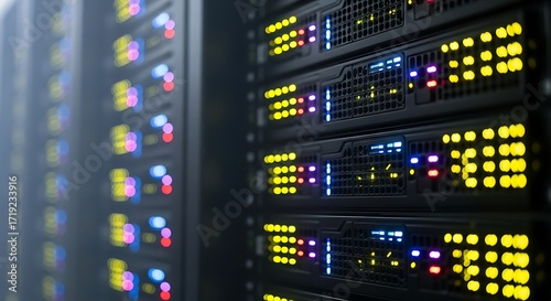 Rows of server racks displaying blinking lights, indicating data processing and network activity within a data center.
