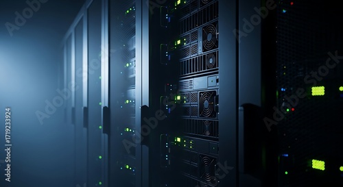 Rows of server racks illuminated with green lights in a data center, showcasing technology.