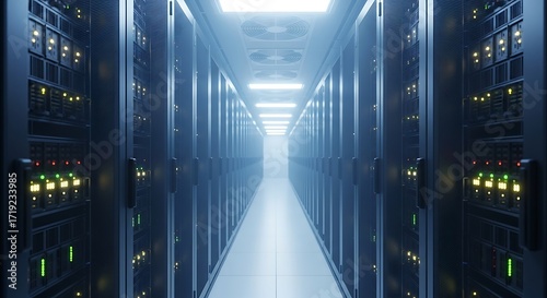 A symmetrical view of a server room aisle with glowing lights and equipment.