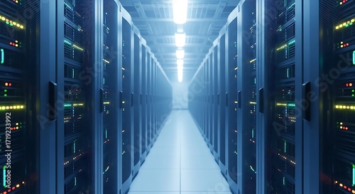 Rows of server racks line a corridor in a data center, illuminated by bright light at the end.