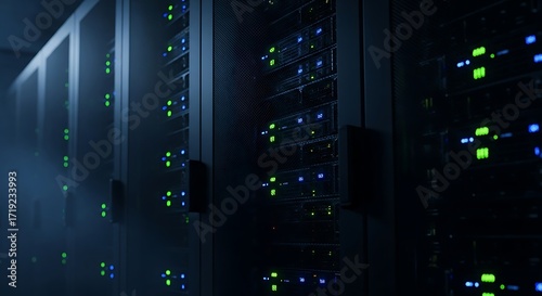 Rows of server racks in a dark room, illuminated by blinking green and blue lights, showcasing data storage and processing.