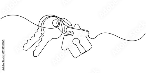 Continuous one line art drawing symbol of house keys, Simple key house outline drawing illustration. Set of keys against white background, Real Estate Line Icon Vector Design, Continuous One Line. 