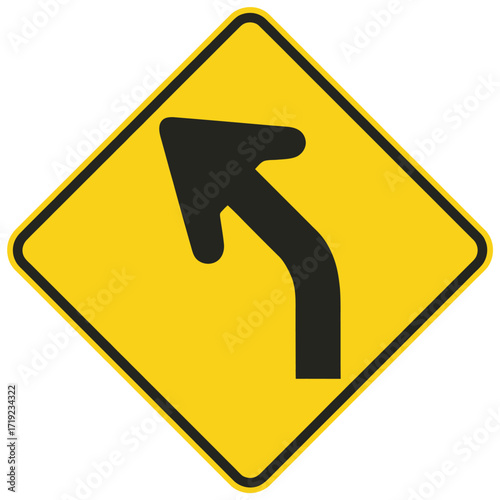 Vector graphic yellow diamond traffic sign showing a left curve ahead illustration silhouette vector illustration white background