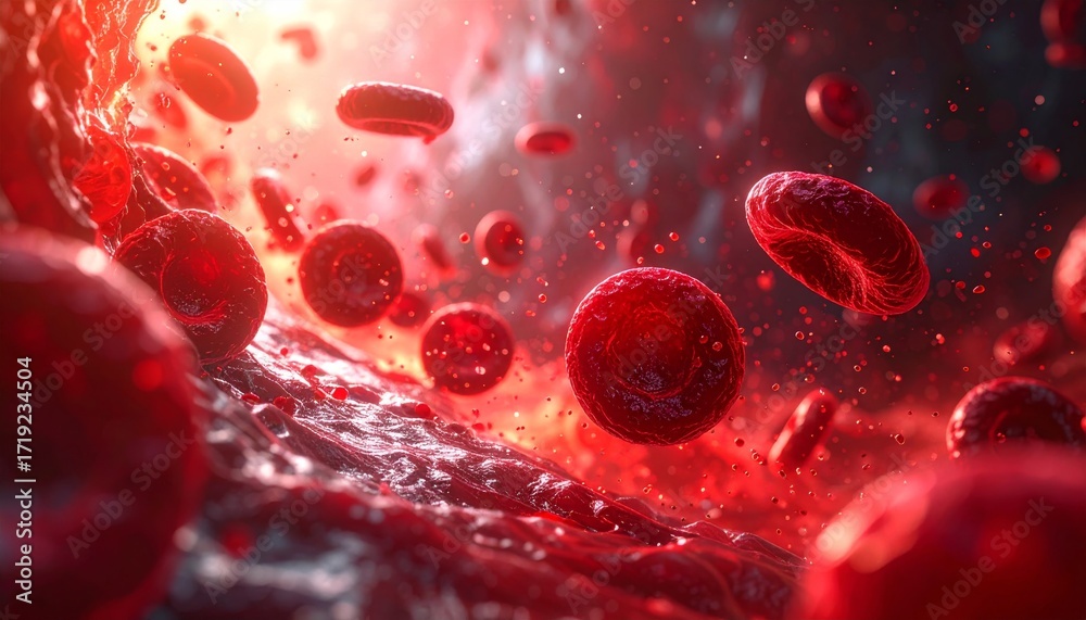 Fototapeta premium An abstract, microscopic view of red blood cells flowing through a human artery