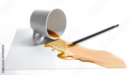 A spilled coffee cup and pencil on a white paper. The image symbolizes a creative mishap, a setback in a project, or a moment of frustration.