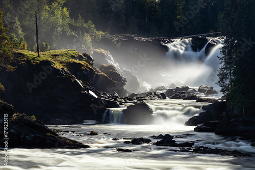 Ristafallet waterfall long exposure, Indalsälven river, in Jämtland, Sweden. 14 metres high natural powerful water energy.