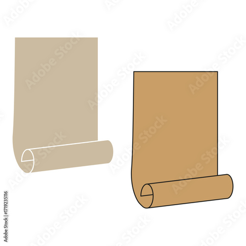 Paper scroll icon. Blank document symbol. Old parchment illustration. Vector brown background.