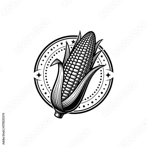 Vintage style black and white illustration of an ear of corn, with decorative circular frame.