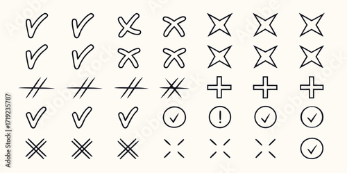 Collection of hand drawn checkmarks xs and other symbols