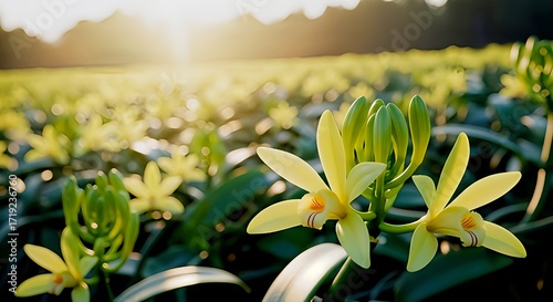 Vanilla flowers blooming at sunrise on farm plantation