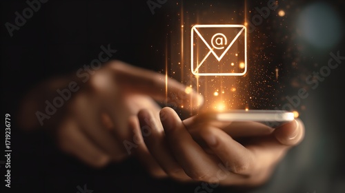 Glowing email icon hovering above a smartphone held by hands representing connection and digital communication with warm