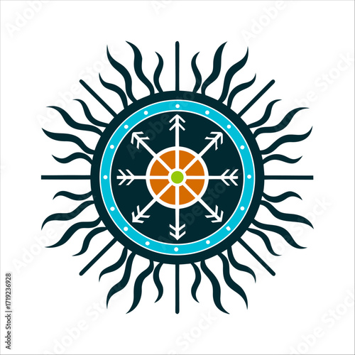 Sami Sun Drum Symbol Illustration, Isolated Sami Sun Drum semi-circle sun with radiating lines