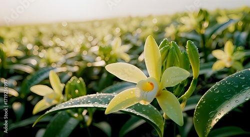 Vanilla bean flowers blossoming in the morning light