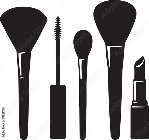 Beauty Tool Silhouettes Featuring Brush, Mascara, Lipstick

