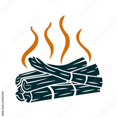 Stylized Burning Wood Pile Icon Illustration Despojo Banishing Burning bundle of herbs like copal or palo santo with sharp smoke tendrils