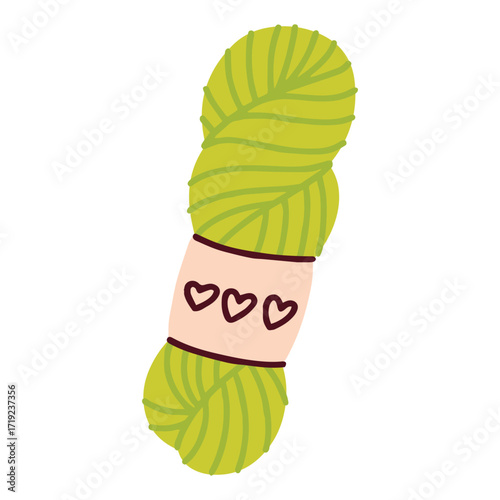 Soft green skein of yarn with cute label. Cozy knitting supply for handmade crafts, crochet projects and creative textile design illustration.