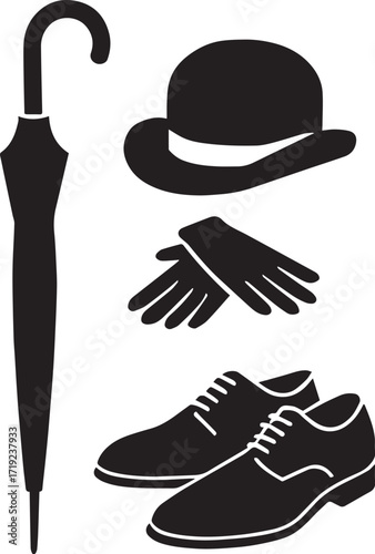 Formal attire icon set in black silhouette with umbrella, bowler hat, gloves, and dress shoes for vintage fashion themes